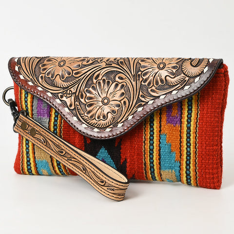American Darling Hand Tooled Leather Western Wristlet Bag with Saddle Blanket & Floral Carved Flap