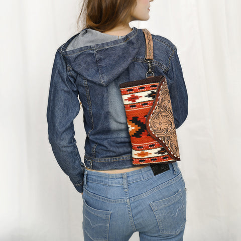 American Darling Hand Tooled Leather Western Wristlet Bag with Saddle Blanket & Floral Carved Flap