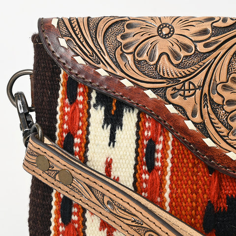 American Darling Hand Tooled Leather Western Wristlet Bag with Saddle Blanket & Floral Carved Flap