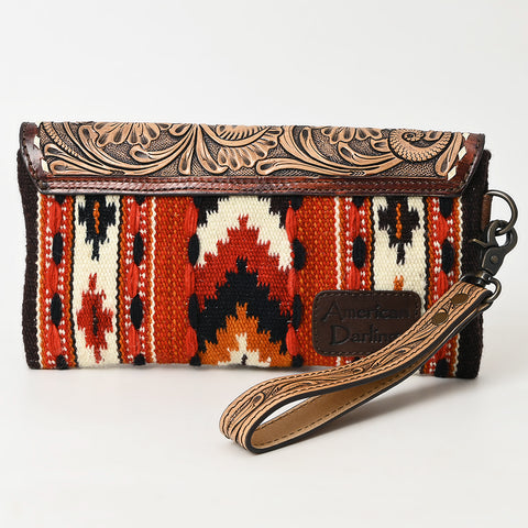American Darling Hand Tooled Leather Western Wristlet Bag with Saddle Blanket & Floral Carved Flap