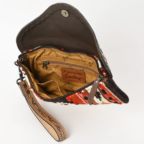American Darling Hand Tooled Leather Western Wristlet Bag with Saddle Blanket & Floral Carved Flap