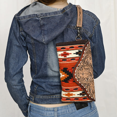 American Darling Hand Tooled Leather Western Wristlet Bag with Saddle Blanket & Floral Carved Flap