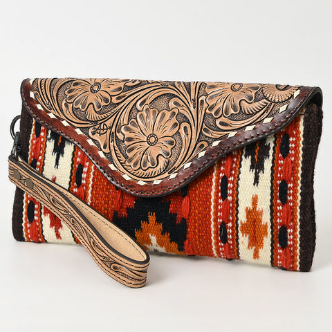 American Darling Hand Tooled Leather Western Wristlet Bag with Saddle Blanket & Floral Carved Flap