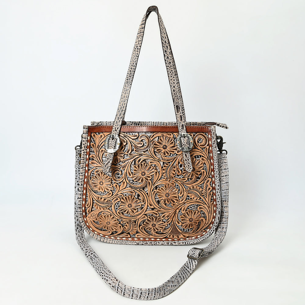 ADBG1478 Tooled Leather Western Tote Bag with Croc Embossed Accents - American Darling Handcrafted