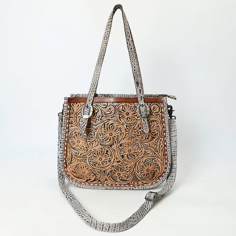 American Darling Western Genuine Leather Tote Bag with Hand-Tooled Floral Front & Crocodile Embossed Back