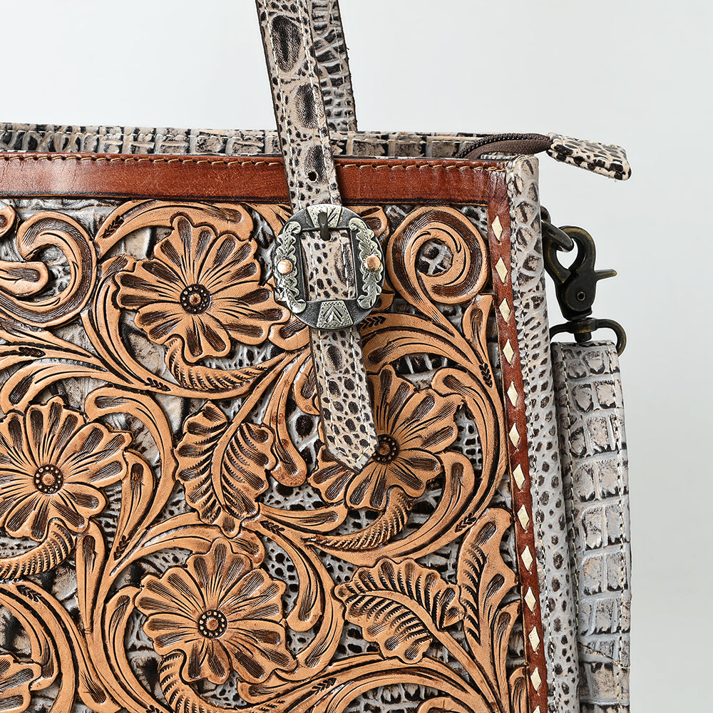 ADBG1478 Tooled Leather Western Tote Bag with Croc Embossed Accents - American Darling Handcrafted