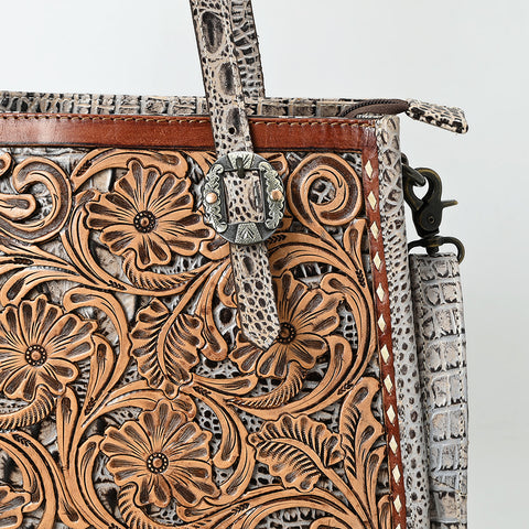 American Darling Western Genuine Leather Tote Bag with Hand-Tooled Floral Front & Crocodile Embossed Back