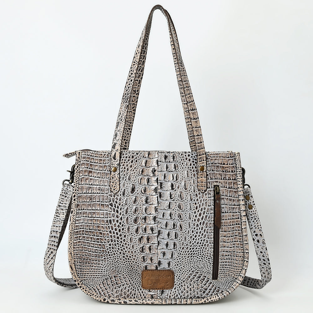 ADBG1478 Tooled Leather Western Tote Bag with Croc Embossed Accents - American Darling Handcrafted