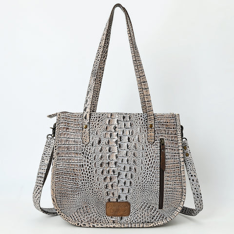 American Darling Western Genuine Leather Tote Bag with Hand-Tooled Floral Front & Crocodile Embossed Back