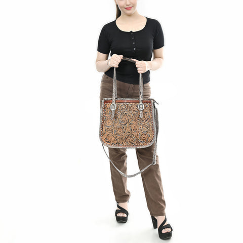 American Darling Western Genuine Leather Tote Bag with Hand-Tooled Floral Front & Crocodile Embossed Back
