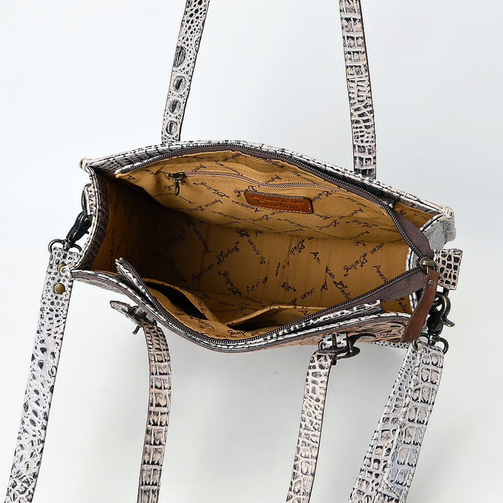 ADBG1478 Tooled Leather Western Tote Bag with Croc Embossed Accents - American Darling Handcrafted