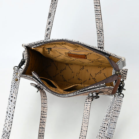 American Darling Western Genuine Leather Tote Bag with Hand-Tooled Floral Front & Crocodile Embossed Back