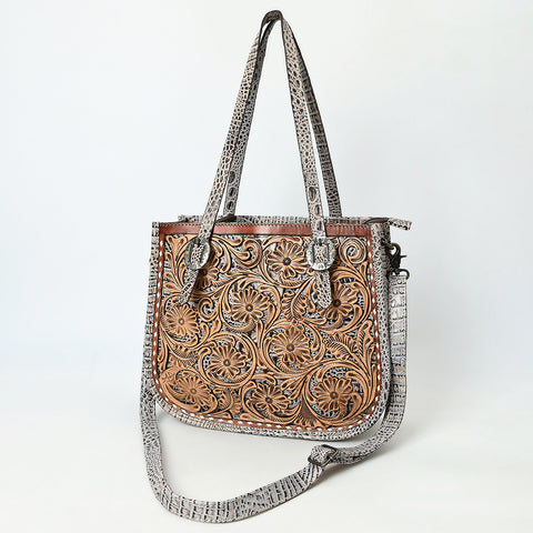American Darling Western Genuine Leather Tote Bag with Hand-Tooled Floral Front & Crocodile Embossed Back