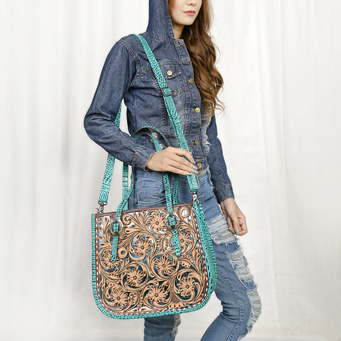 American Darling Western Genuine Leather Tote Bag with Hand-Tooled Floral Front & Crocodile Embossed Back