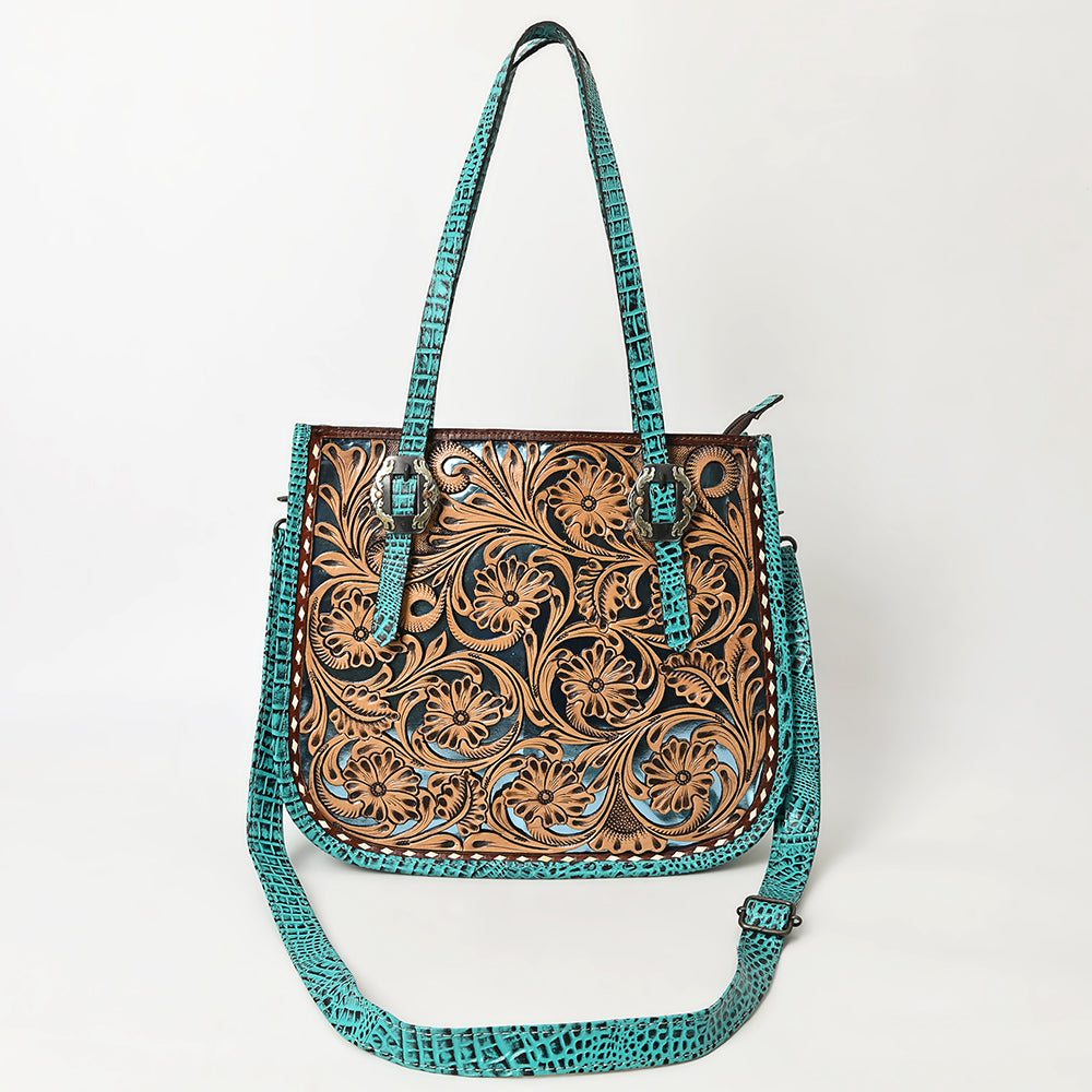 ADBG1478 Tooled Leather Western Tote Bag with Croc Embossed Accents - American Darling Handcrafted