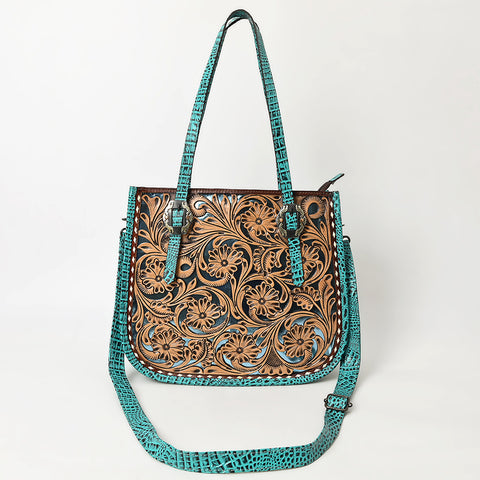 American Darling Western Genuine Leather Tote Bag with Hand-Tooled Floral Front & Crocodile Embossed Back