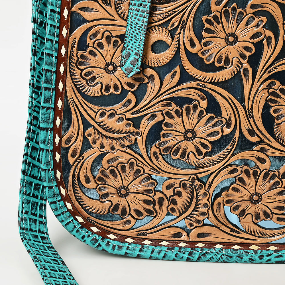 ADBG1478 Tooled Leather Western Tote Bag with Croc Embossed Accents - American Darling Handcrafted