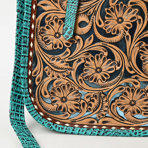 American Darling Western Genuine Leather Tote Bag with Hand-Tooled Floral Front & Crocodile Embossed Back