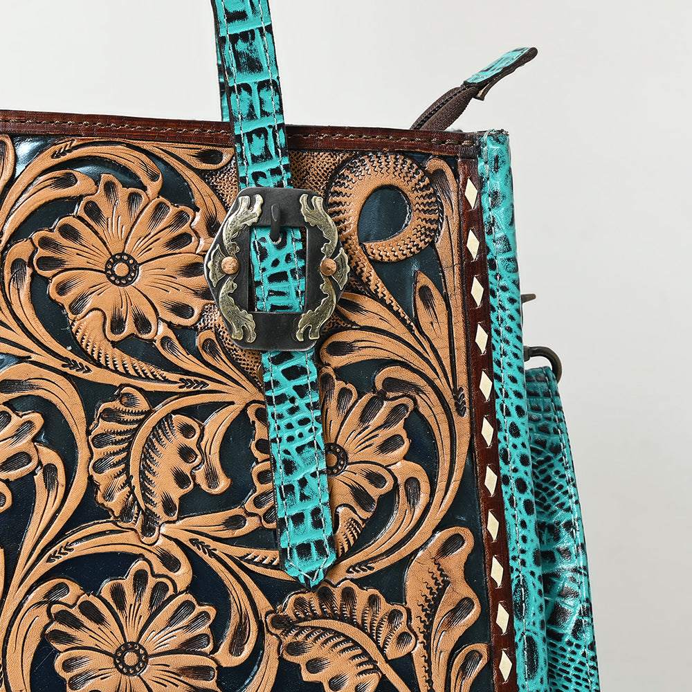 ADBG1478 Tooled Leather Western Tote Bag with Croc Embossed Accents - American Darling Handcrafted