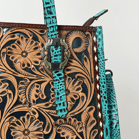 American Darling Western Genuine Leather Tote Bag with Hand-Tooled Floral Front & Crocodile Embossed Back
