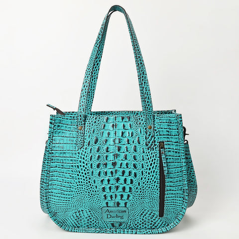 American Darling Western Genuine Leather Tote Bag with Hand-Tooled Floral Front & Crocodile Embossed Back