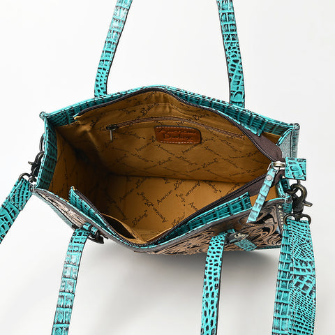 American Darling Western Genuine Leather Tote Bag with Hand-Tooled Floral Front & Crocodile Embossed Back