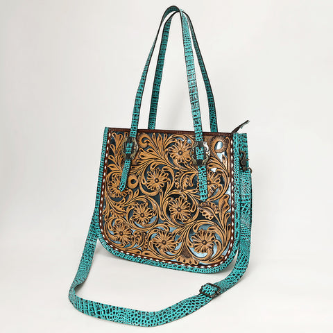 American Darling Western Genuine Leather Tote Bag with Hand-Tooled Floral Front & Crocodile Embossed Back