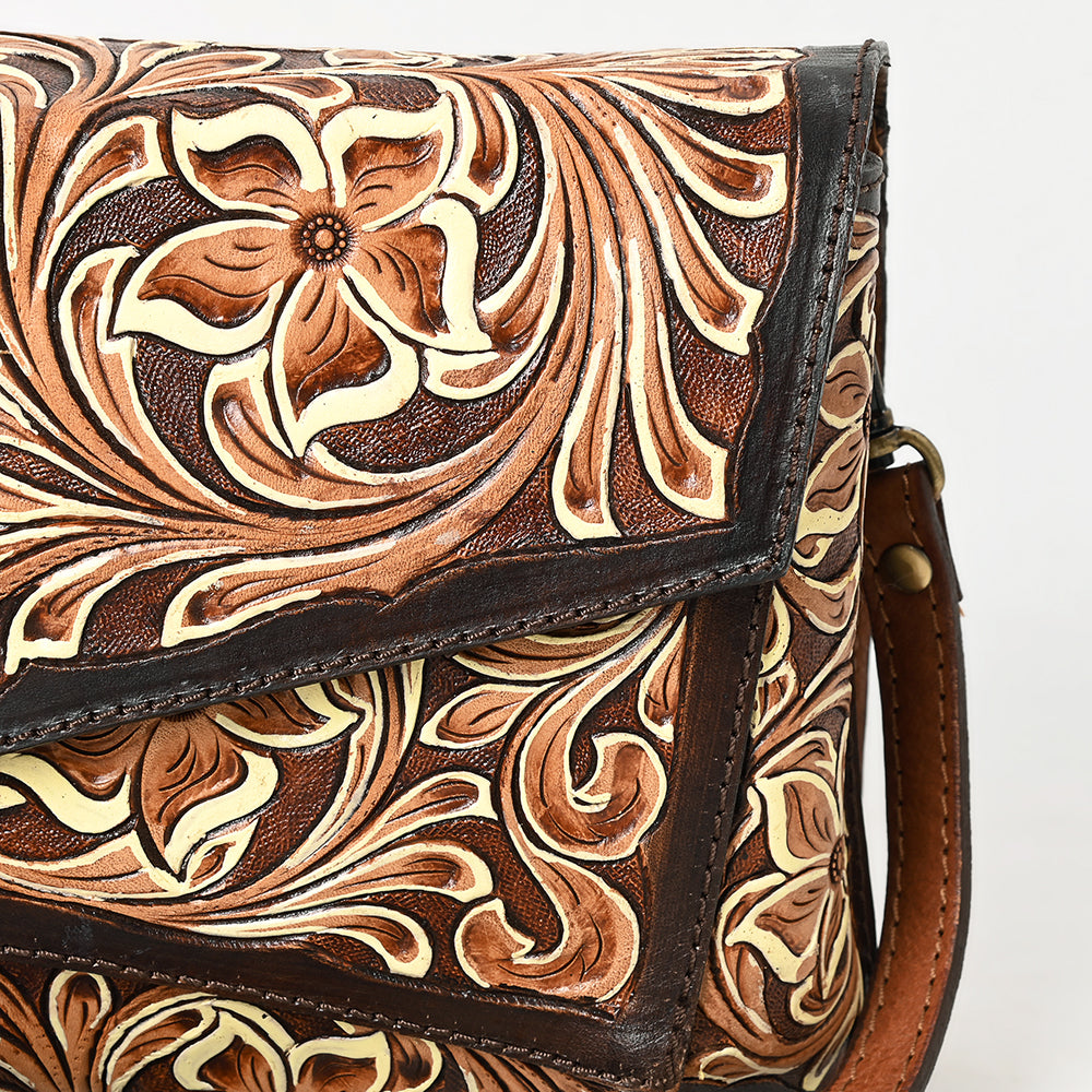 ADBGA560 Hand-Tooled Tri-Flap Leather Western Crossbody Bag Floral Design