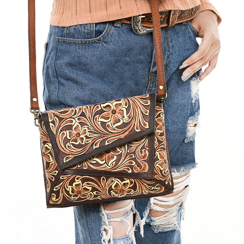 American Darling Hand-Tooled Tri-Flap Leather Western Crossbody Bag Floral Design