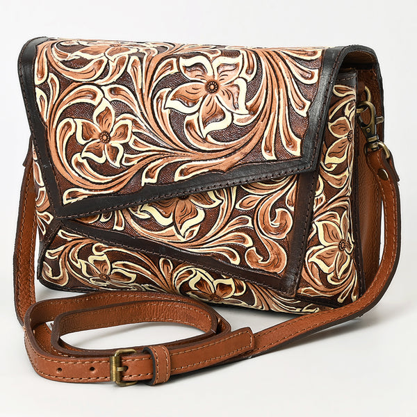 ADBGA560 Hand-Tooled Tri-Flap Leather Western Crossbody Bag Floral Design