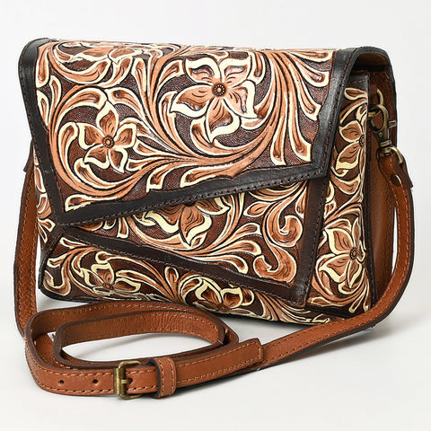 American Darling Hand-Tooled Tri-Flap Leather Western Crossbody Bag Floral Design