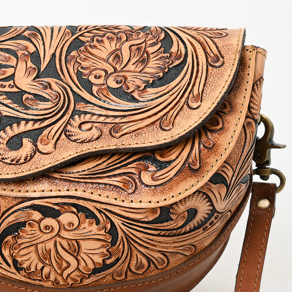 ADBGA561 Hand-Tooled Leather Crossbody Saddle Bag Western Floral Carved Purse
