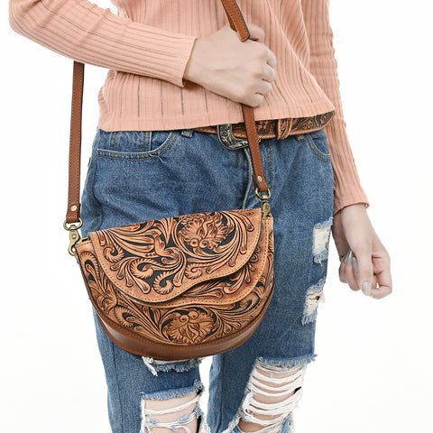 American Darling Hand-Tooled Leather Crossbody Bag Western Floral Carved Purse
