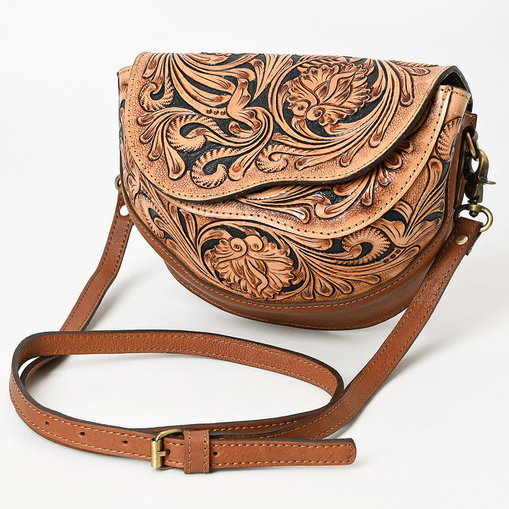ADBGA561 Hand-Tooled Leather Crossbody Saddle Bag Western Floral Carved Purse