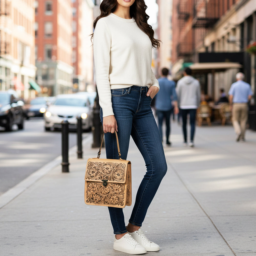 ADBGZ839 Natural Hand-Tooled Leather Briefcase Bag - Western Vintage Organizer