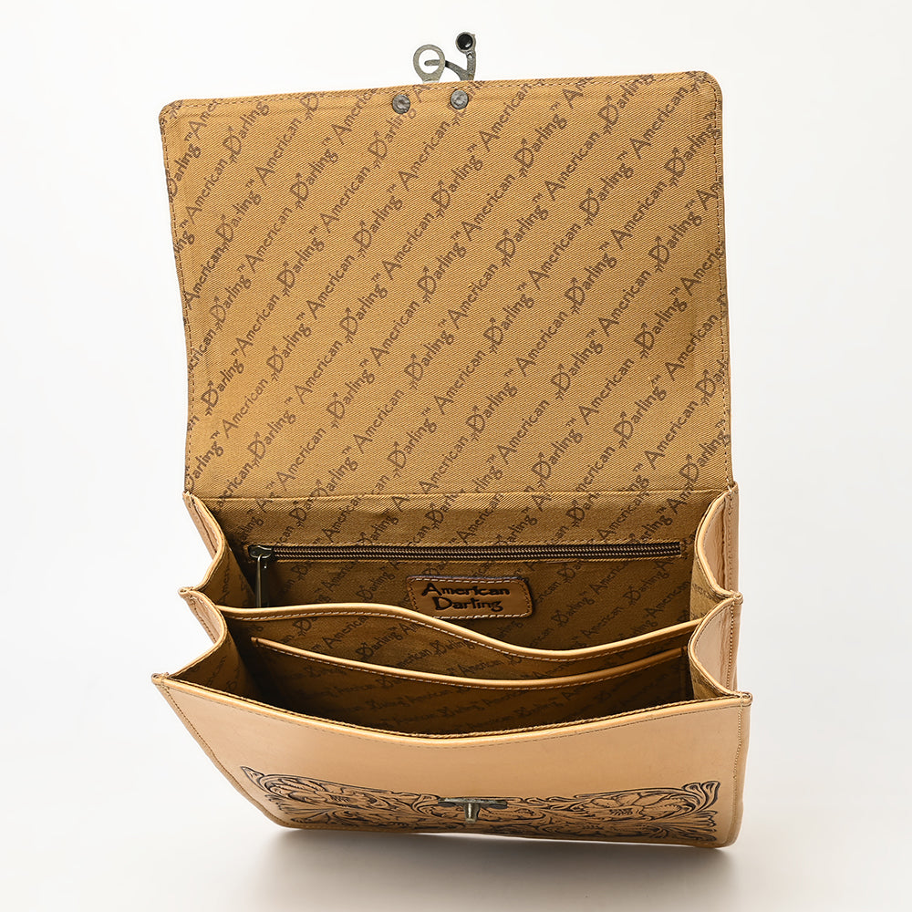 ADBGZ839 Natural Hand-Tooled Leather Briefcase Bag - Western Vintage Organizer
