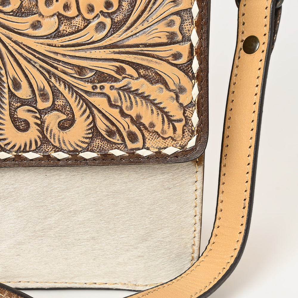 ADBGZ843 Hand-Tooled Leather & White Cowhide Crossbody Bag - American Darling