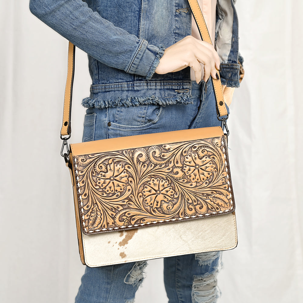 ADBGZ843 Hand-Tooled Leather & White Cowhide Crossbody Bag - American Darling