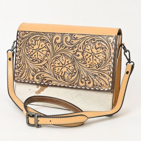ADBGZ843 Hand-Tooled Leather & White Cowhide Crossbody Bag - American Darling