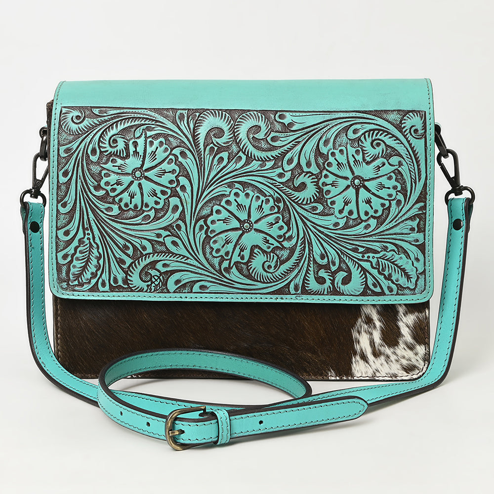 ADBGZ843 Hand-Tooled Leather & White Cowhide Crossbody Bag - American Darling