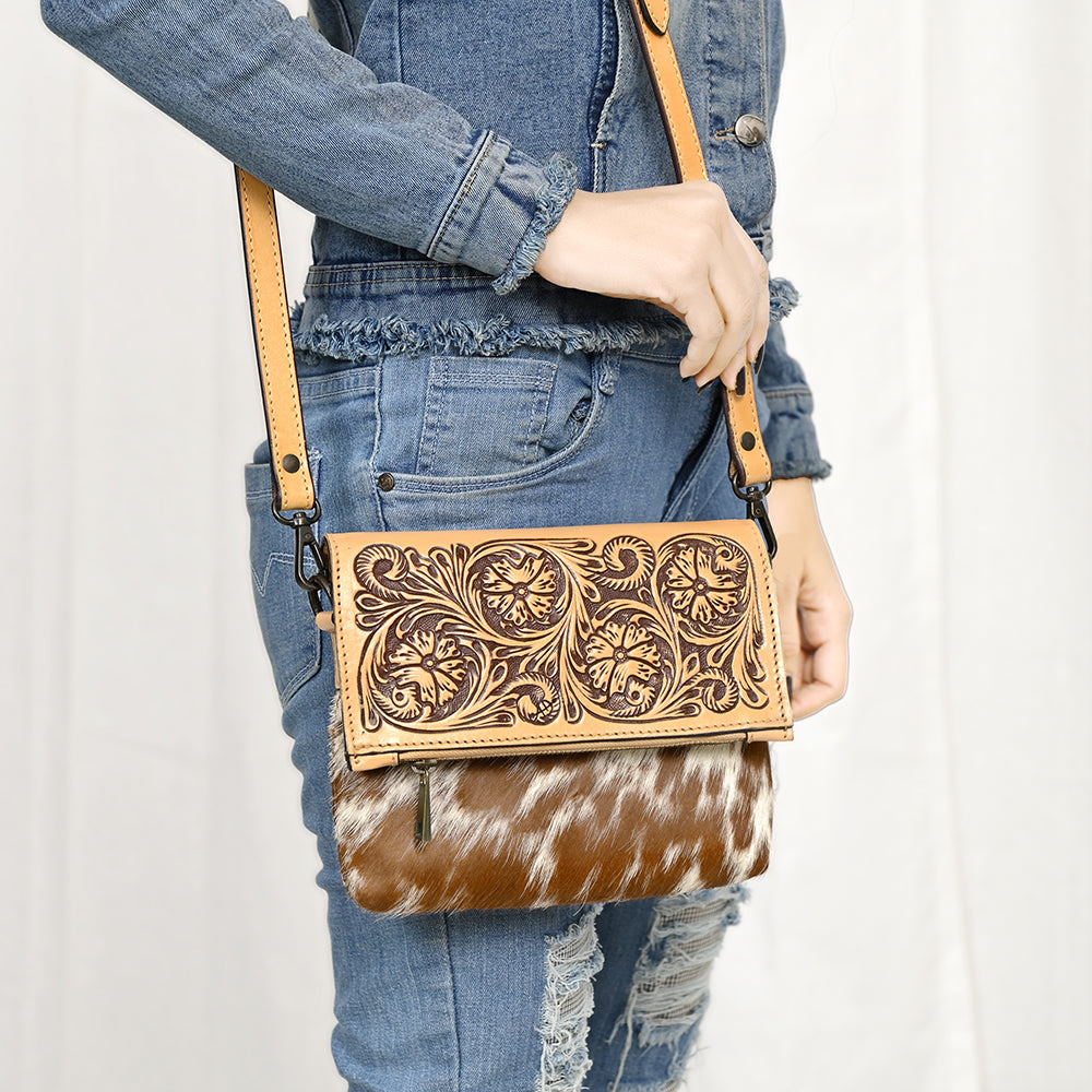 ADBGZ846 Hand-Tooled Leather & Cowhide Zip-Top Crossbody Bag - American Darling