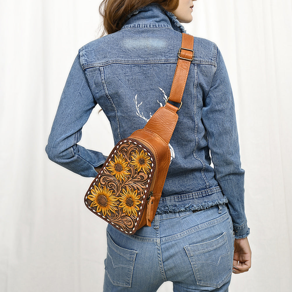 ADBG1481 Hand Tooled Leather Floral Sling Bag - Western Crossbody by American Darling
