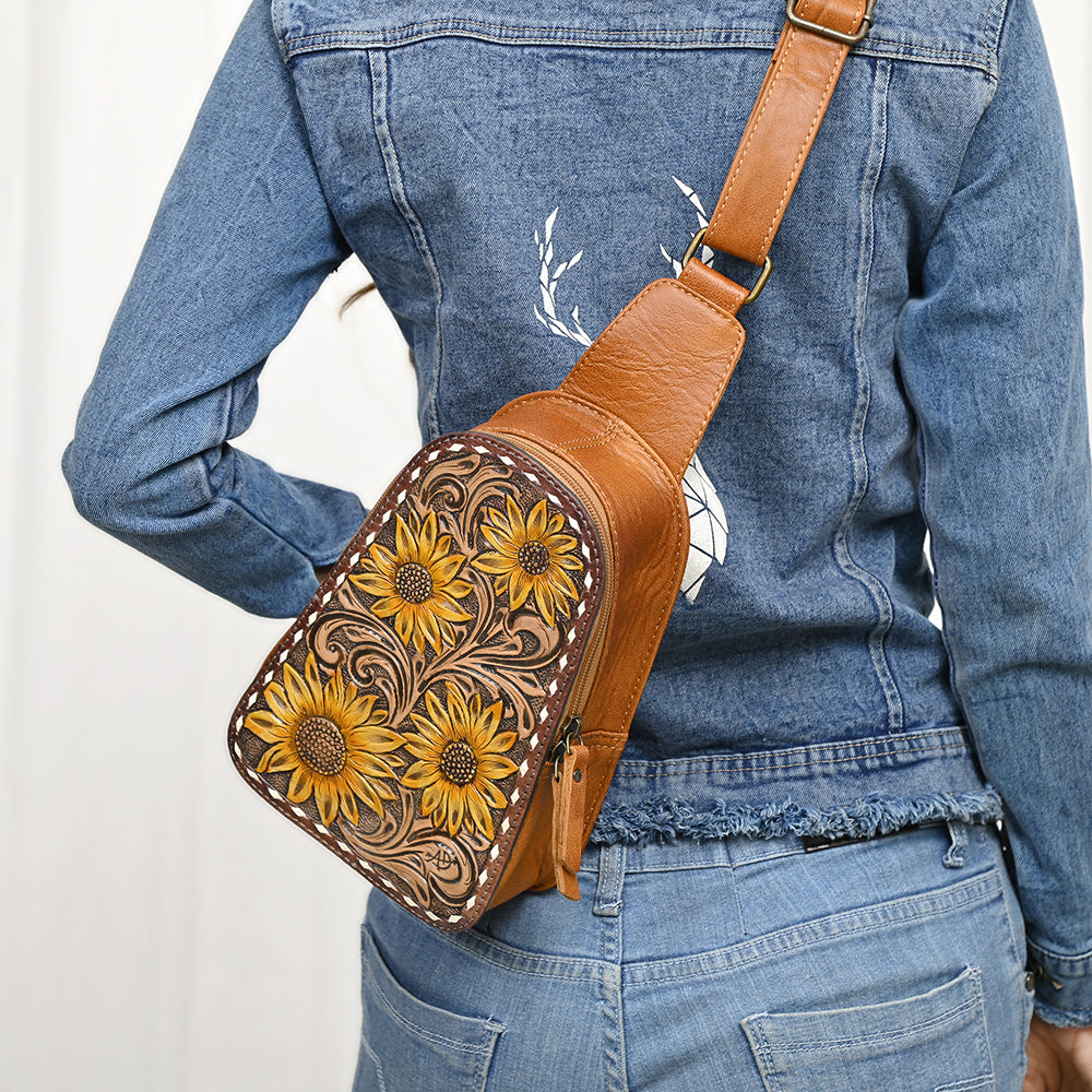 ADBG1481 Hand Tooled Leather Floral Sling Bag - Western Crossbody by American Darling