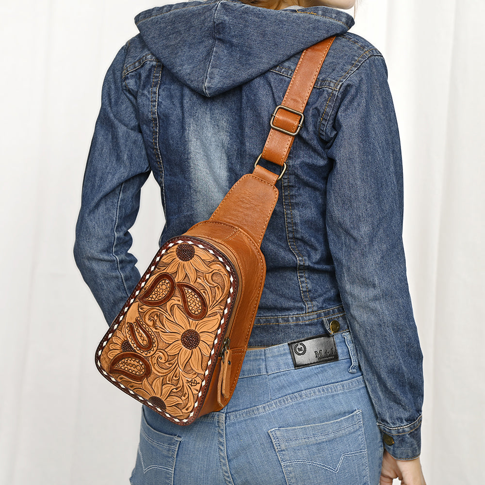 ADBG1481 Hand Tooled Leather Floral Sling Bag - Western Crossbody by American Darling