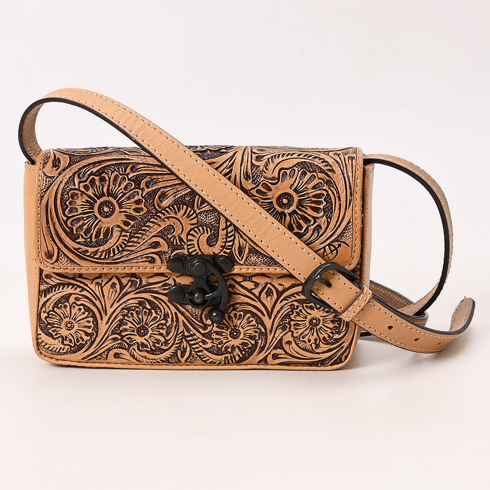 ADBGZ859 Tan Tooled Leather Crossbody Bag Western Floral Design | American Darling