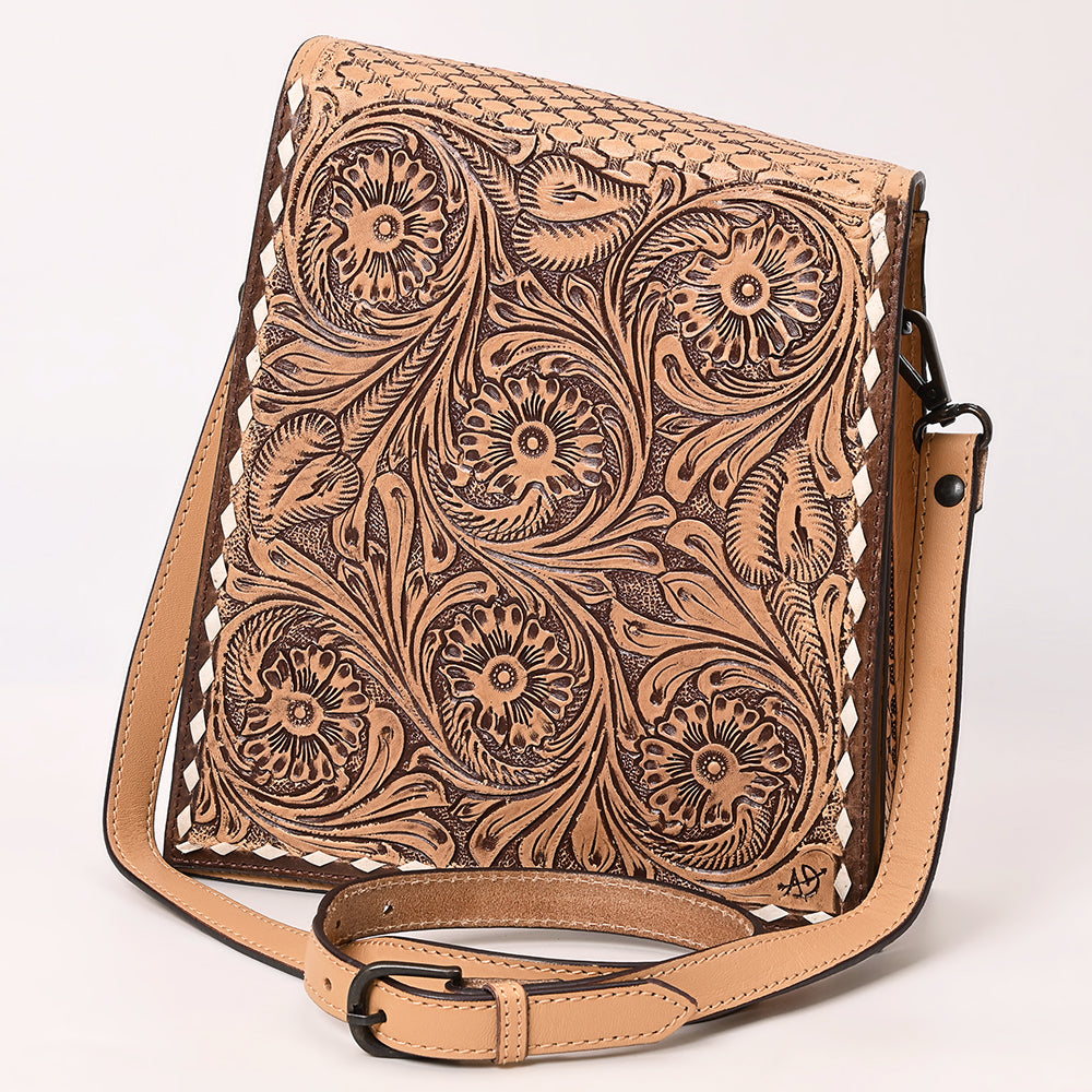 ADBGZ861 Vertical Tan Tooled Leather Crossbody Bag Western Floral | American Darling