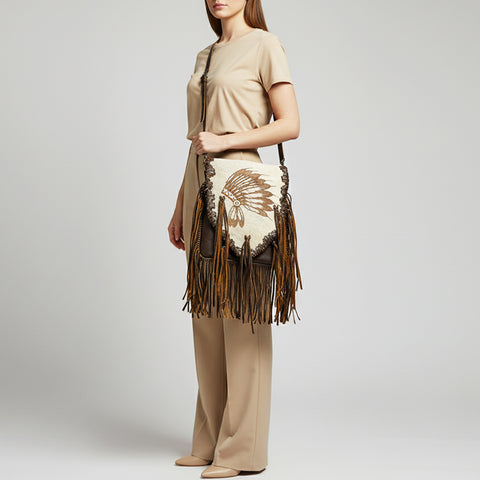 ADBGM416 Engraved Designed Hair-On Fringe Messenger Bag with Braided Trim - American Darling