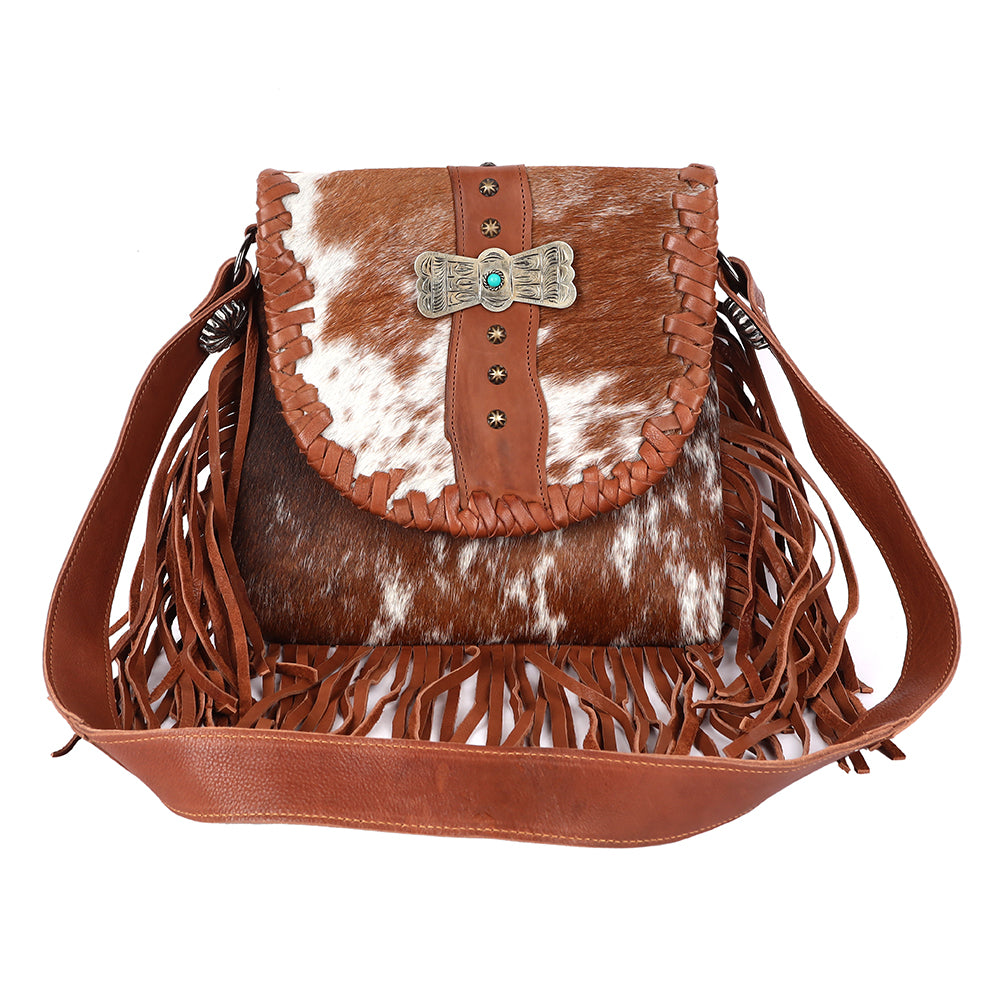 ADBGM420 Speckled Cowhide Leather Fringe Messenger Bag with Turquoise Concho - American Darling
