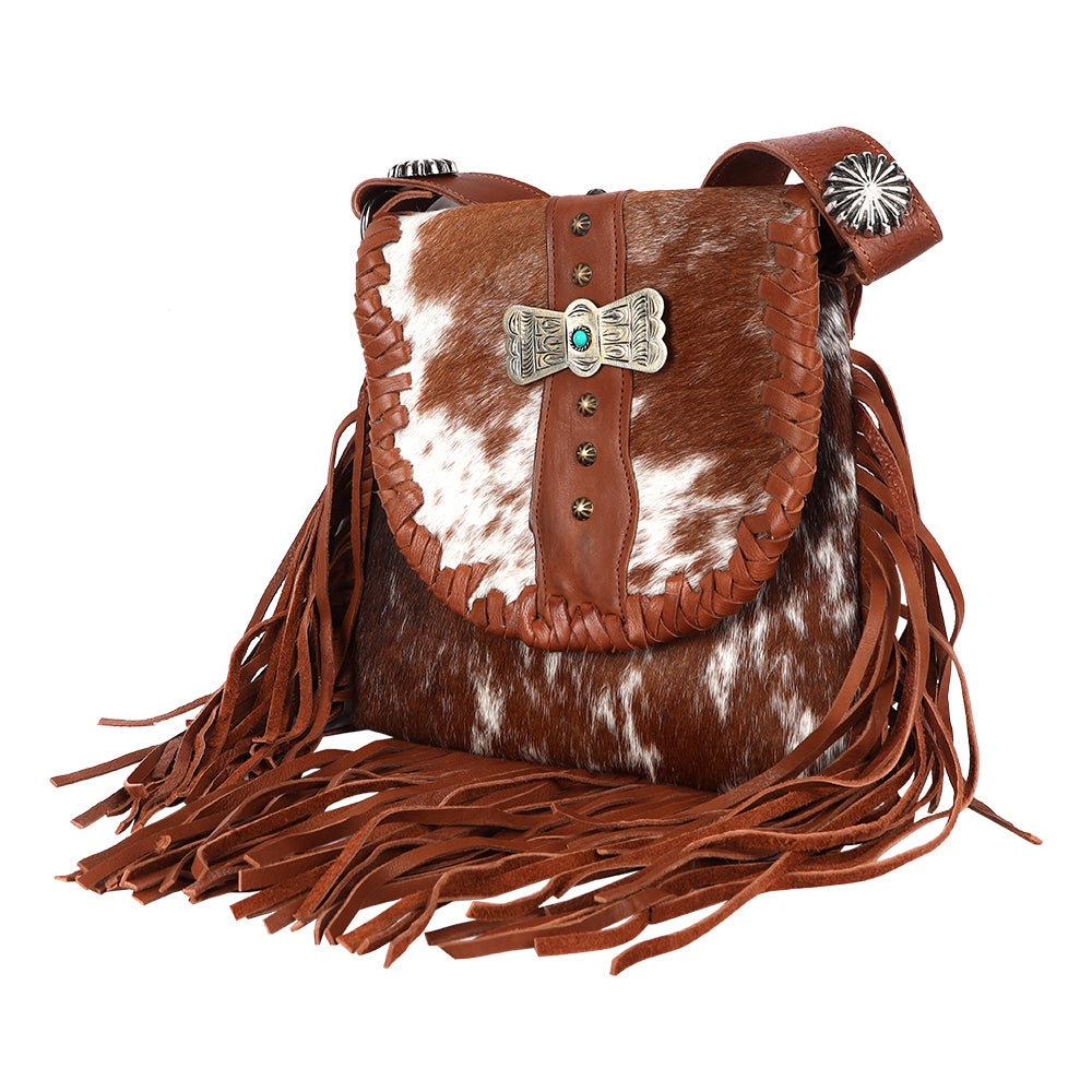 ADBGM420 Speckled Cowhide Leather Fringe Messenger Bag with Turquoise Concho - American Darling
