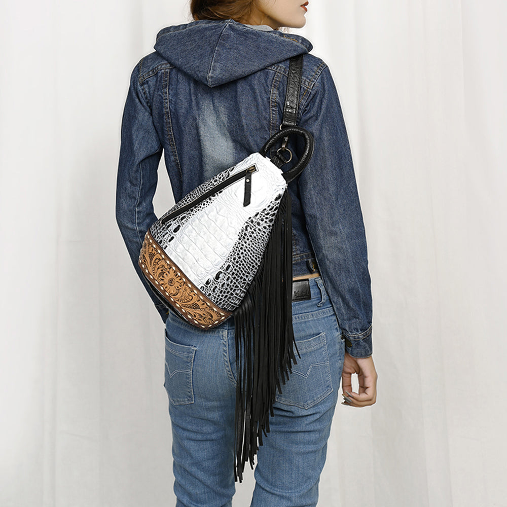 ADBG1482 Croc Embossed Leather Fringe Sling Backpack with Tooled Base - Western Crossbody Bag